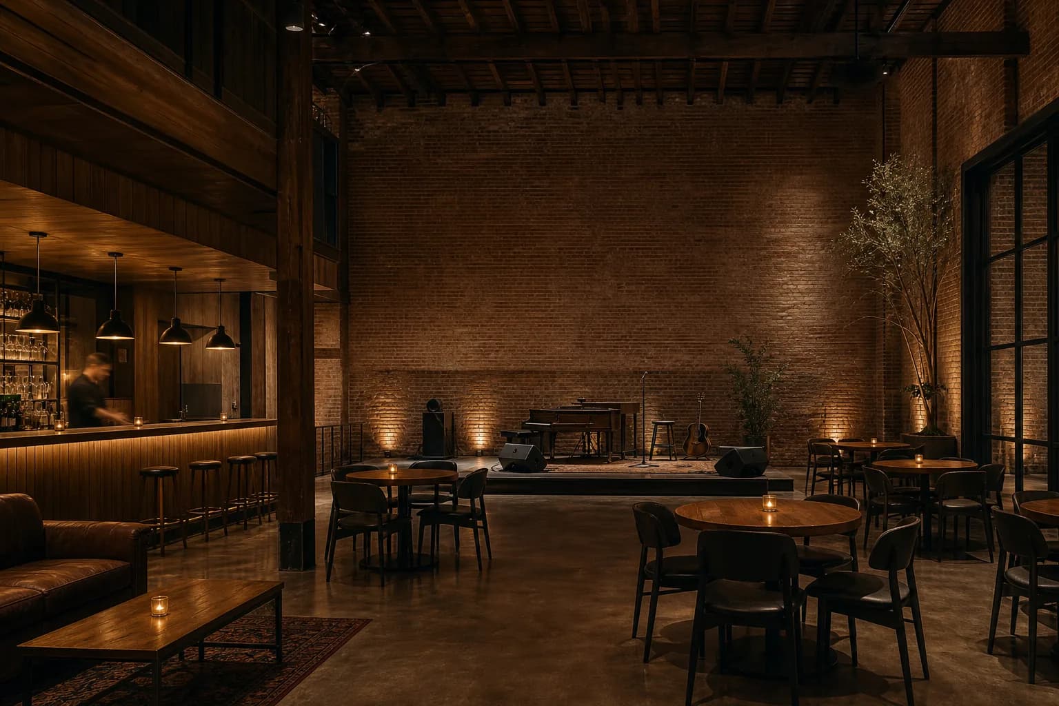 A warm industrial-style live music venue prepared for an evening crowd.