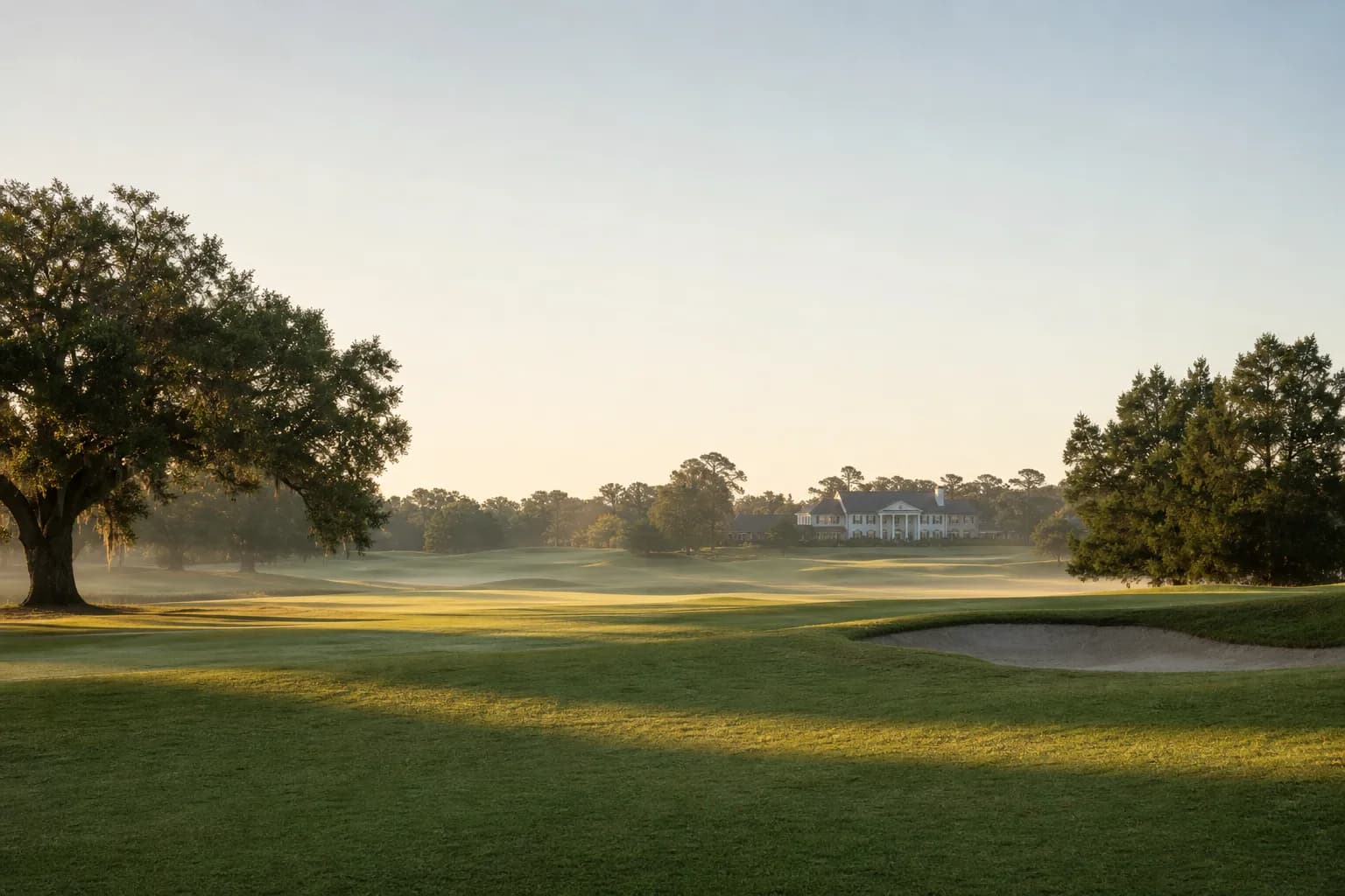 A Southern golf and country club at soft morning light.
