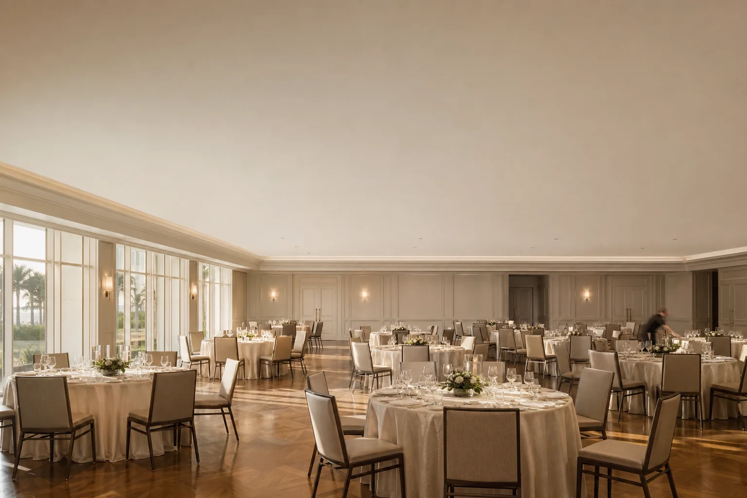 An upscale hotel ballroom set for an evening banquet in warm light.