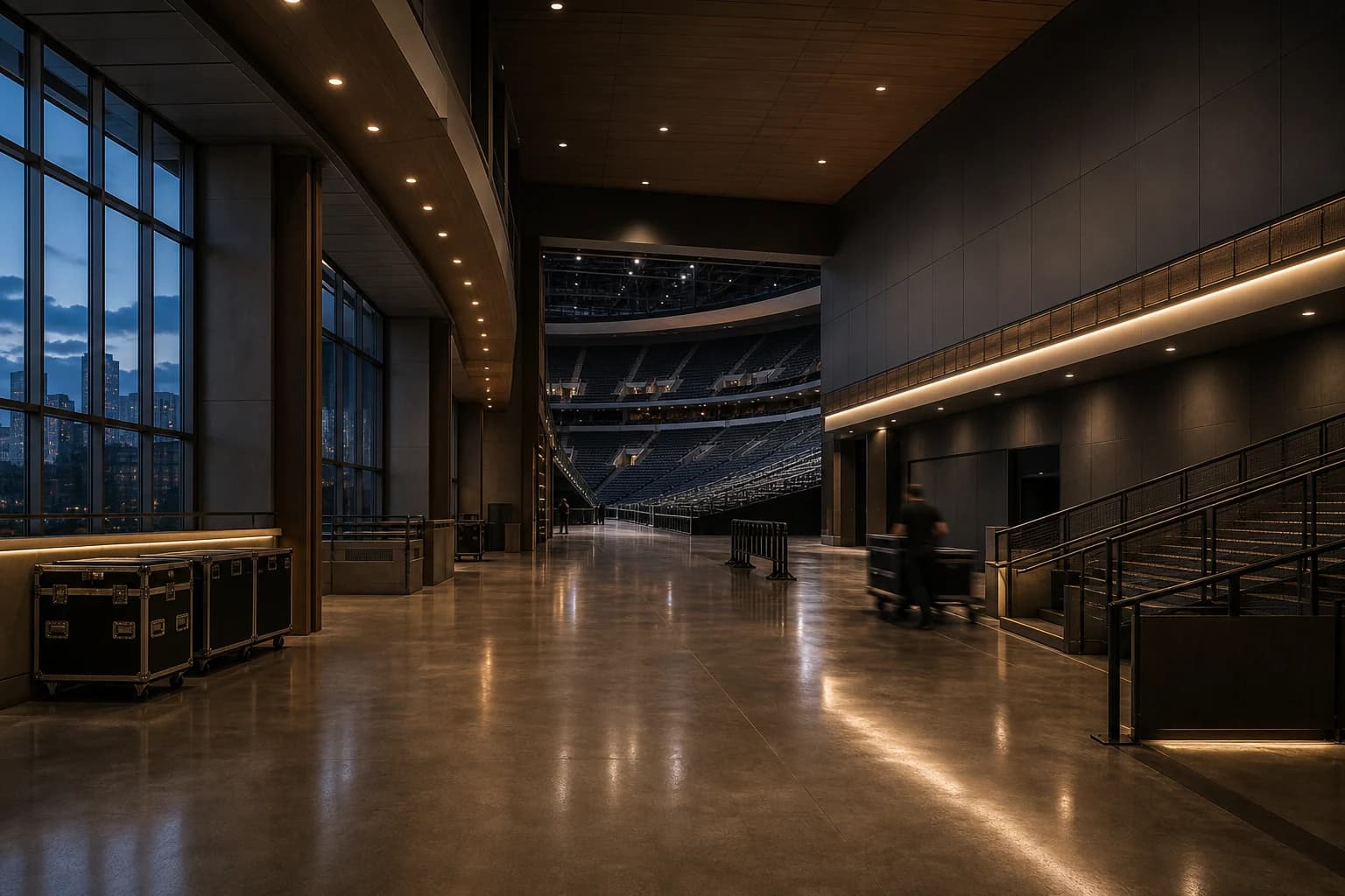 A large arena concourse being prepared before an evening event.