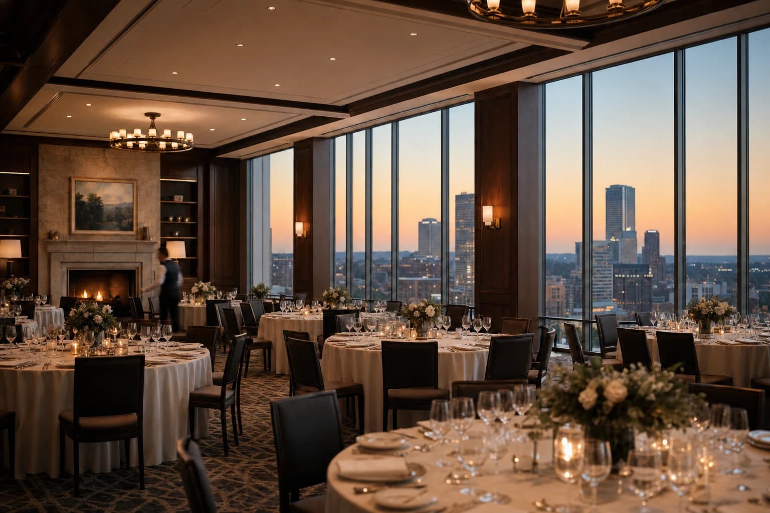 An elegant private club dining room prepared for evening service.
