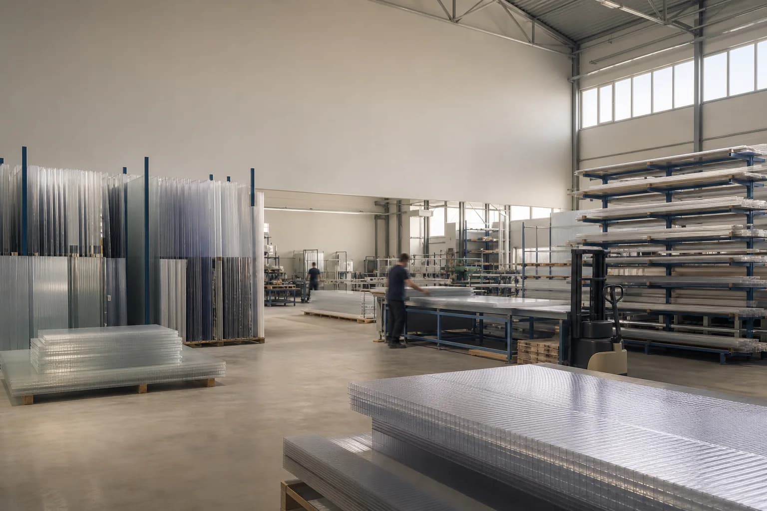 A clean sheet-goods warehouse and production floor in natural daylight.