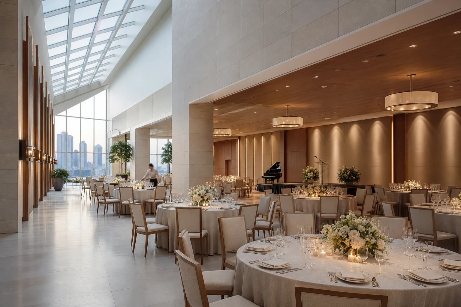 An elegant downtown event venue set for a formal evening gala.