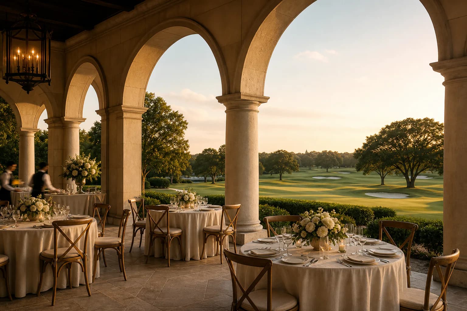 An upscale Southern golf resort terrace overlooking the course at golden hour.